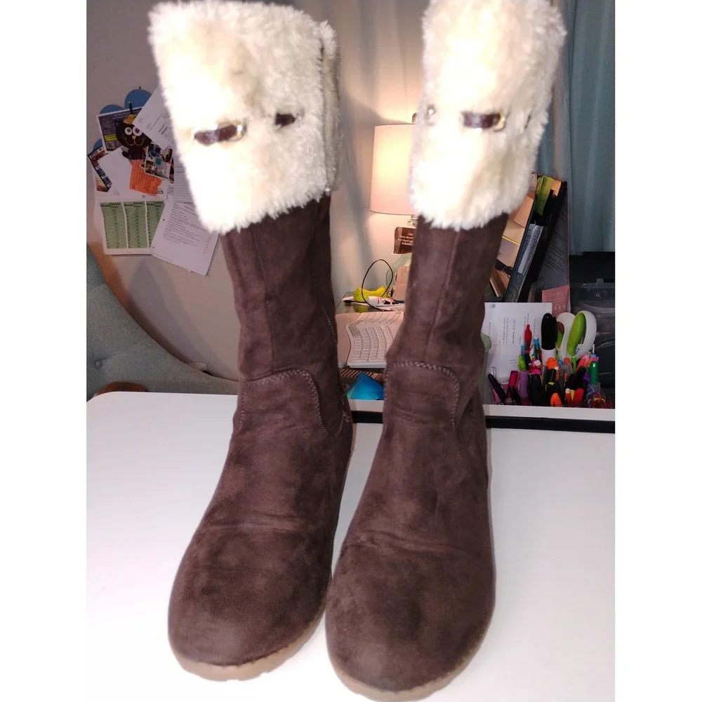 Girls Brown Faux Suede Fur Trimmed Winter Snow Boots Wedge Heel‎ Kids Size